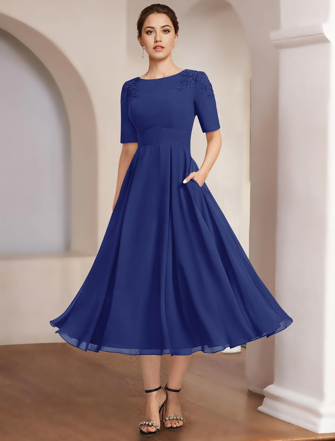 Vestido de madre de la novia de corte A, formal, elegante, cuello barco, largo hasta la rodilla, de gasa, media manga con encaje, talla personalizada gratuita